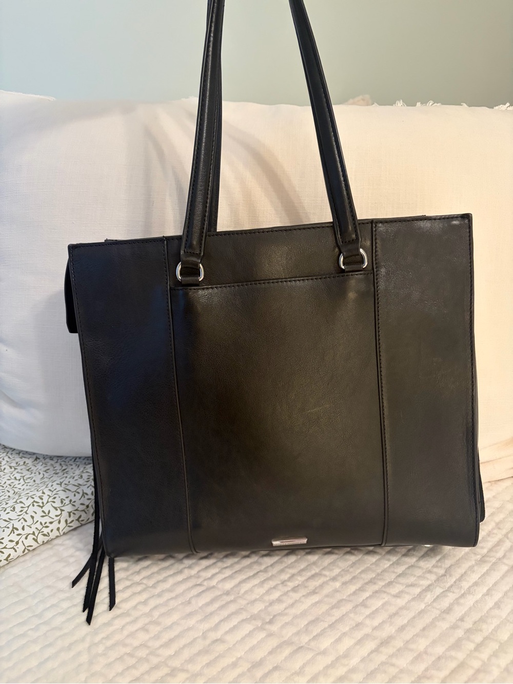 Rebecca Minkoff Black Leather Double-Handle Tassel Tote